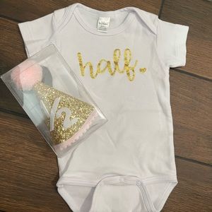 Half Birthday Onesie and Matching Party Hat. Size 6-12 months.
